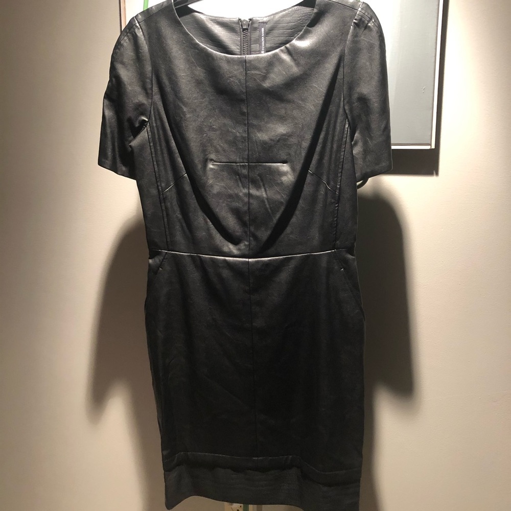 Fitted Leatherette Black Dress w/ Pockets!